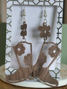Wooden Cowboy Boot Dangle Earrings - Brown